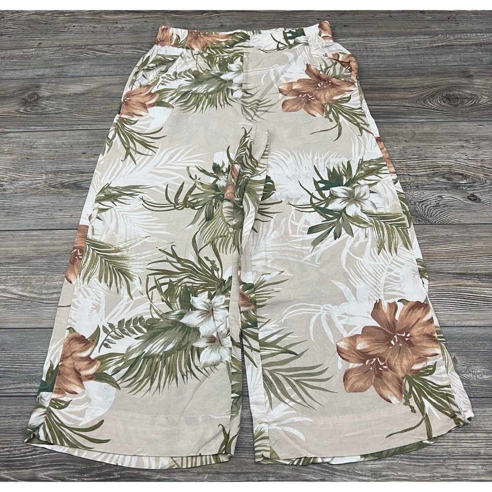 MB Womens Linen Blend Pants‎ SM Beige Floral Wide Leg Cropped Boho Shabby Chic